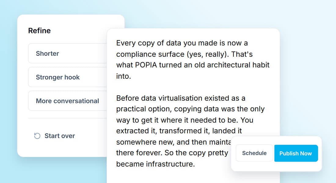 Cadiance post editor with refine options and Schedule and Publish Now buttons