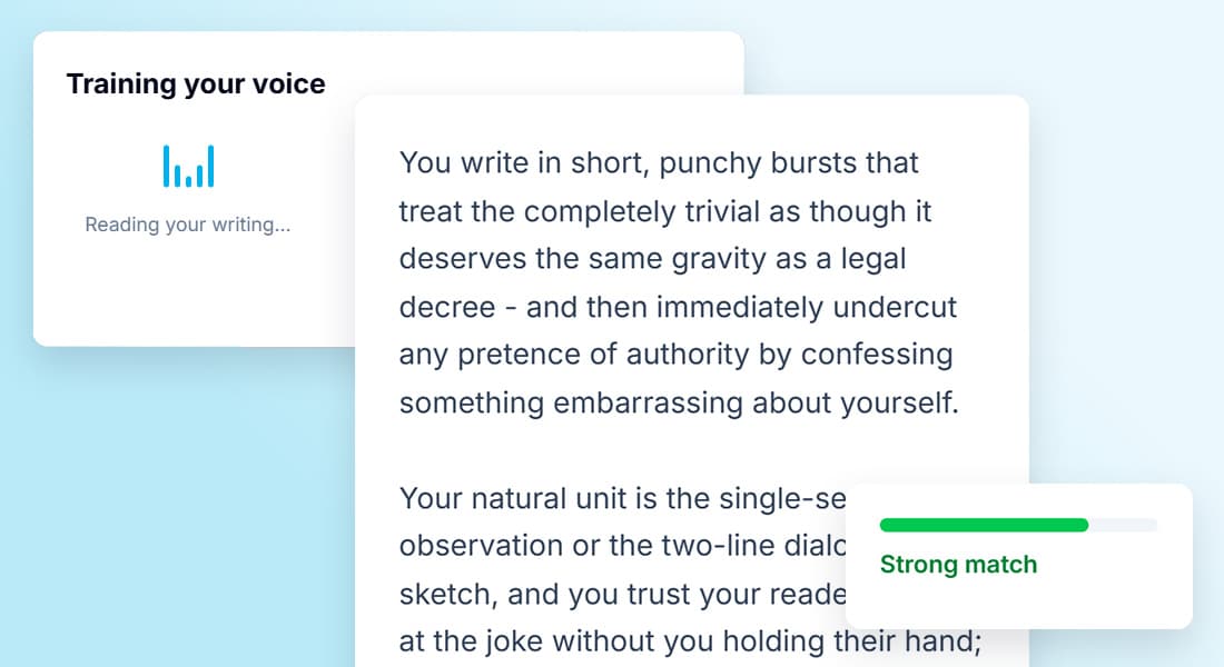 Cadiance voice profile describing how the user writes, with a Strong match rating